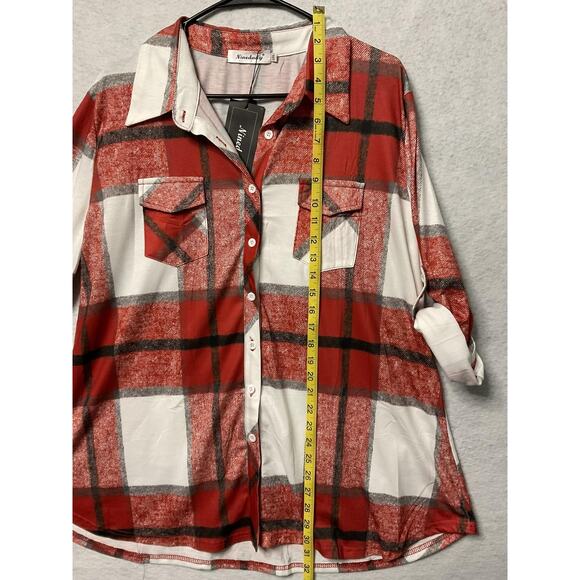 Ninedaily Shirt Womens 2XL Red White Plaid Button Up Tunic Top Pockets Casual - Picture 4 of 6